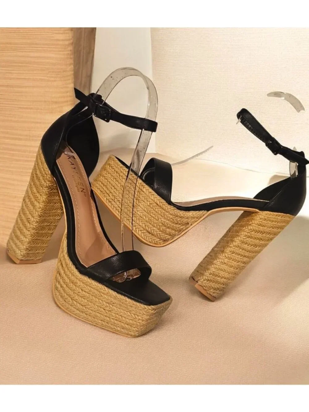 Black Platform High Heel Sandals With Woven Straw Sole & Ankle Strap Heel Chic